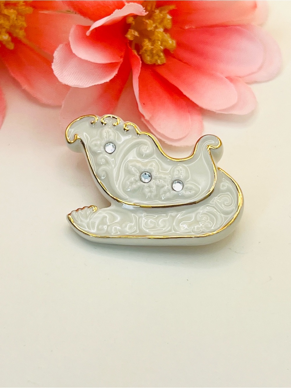 Vintage Lenox porcelain Sleigh Brooch with Gold Trim